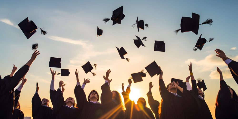 Group of cheerful student throwing graduation hats in the air celebrating, education concept with students celebrate success with hats and certificates